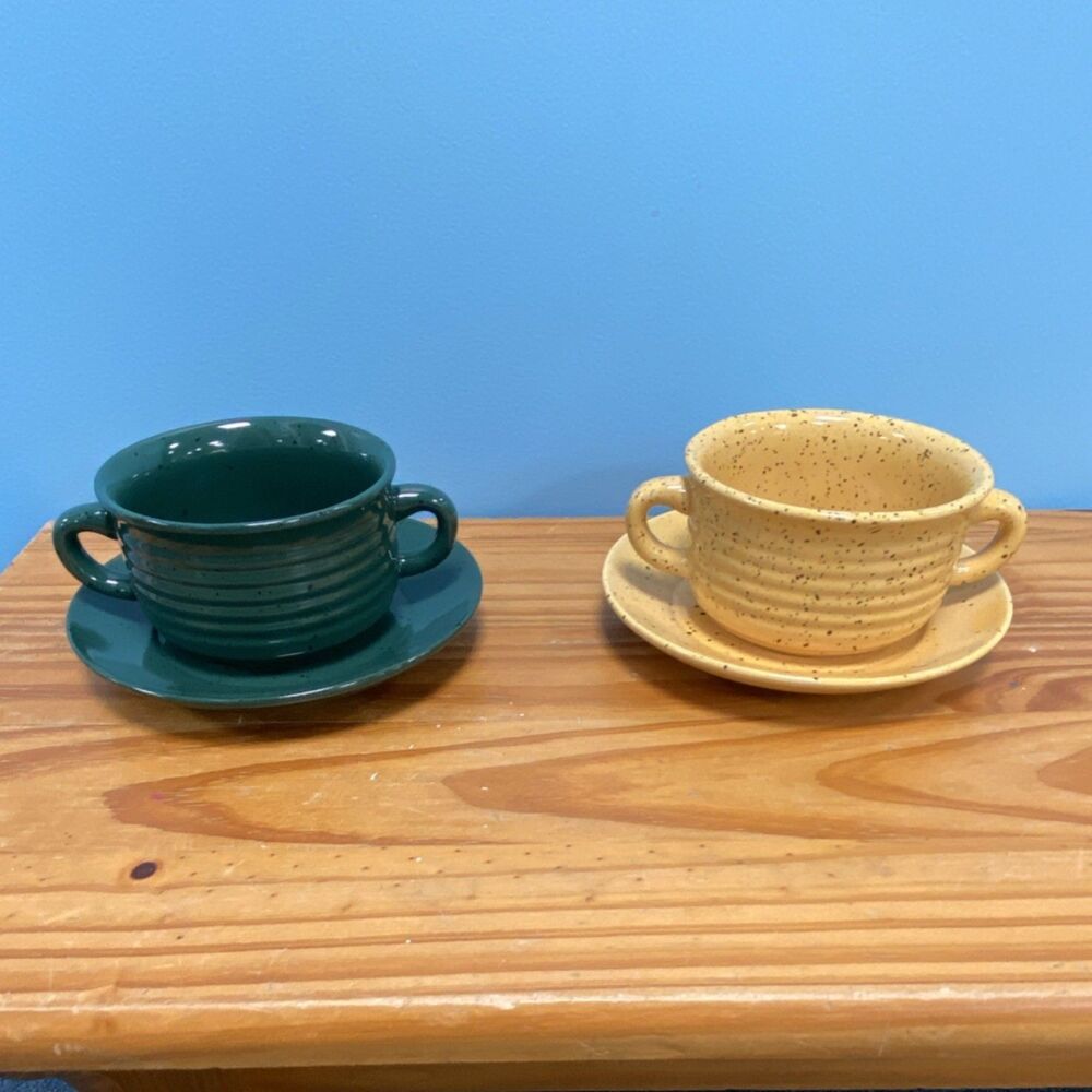 LTD Commodities Ceramic Speckled Cup & Saucer Set, Yellow & Green, 4-Piece